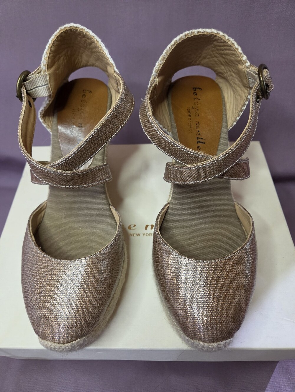Bettye Muller Taupe-Gold Strappy Platform Espadrille Wedges Size 8/38  W-Box